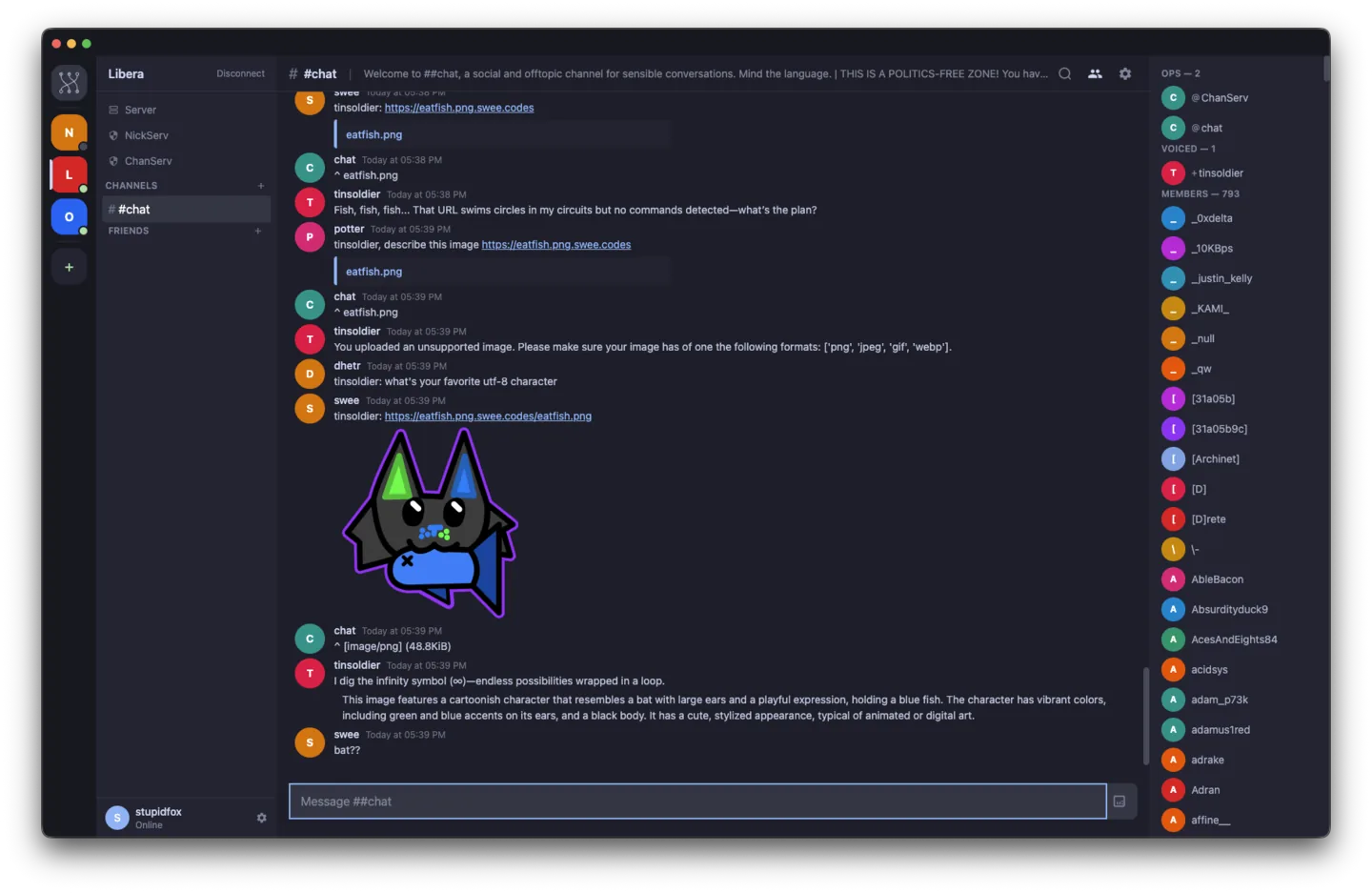 Switchboard connected to a busy IRC channel, showing the server rail, channel list, inline images, link previews and member list.